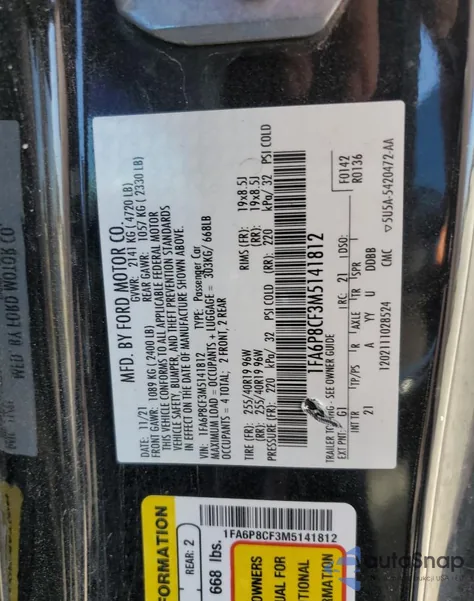 2021 Ford Mustang Gt из США, поврежденный, VIN 1FA6P8CF3M5141812